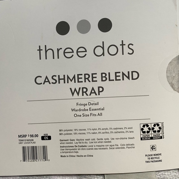 Three Dots Plaid Cashmere Blend Fringe Kimono Wrap in White, Gray, and Brown NWT - Picture 3 of 7